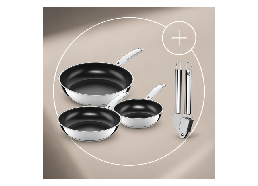 Wmf Pack de 3 sartenes Durado con revestimiento cerámico antiadherente (20, 24 y 28 cm) y Prensador de ajos Profi Plus WMF