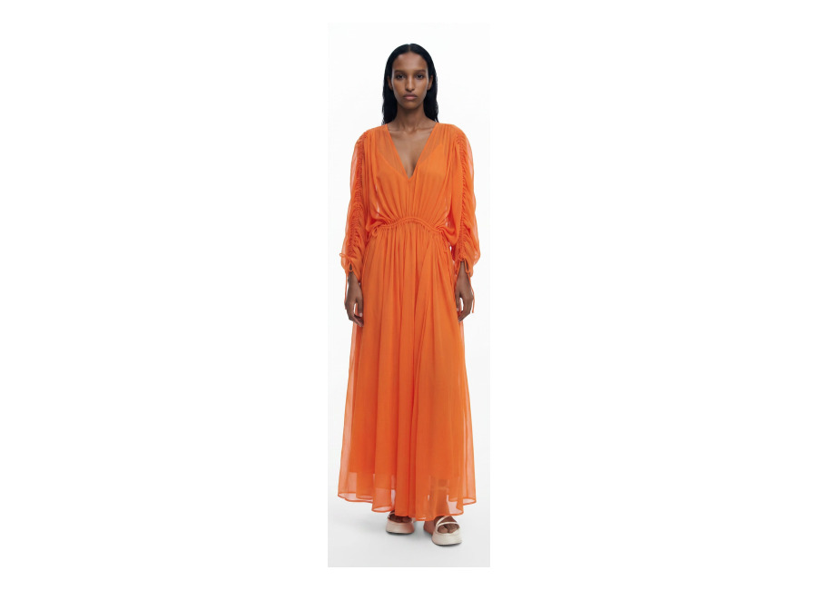 desigual, vestido largo vaporoso, poliester, naranja