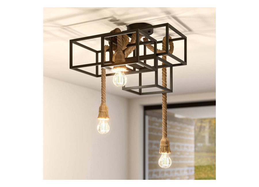 Lucande plafón Andrik, 44 cm, 3 luces, cuerda de cáñamo, meta