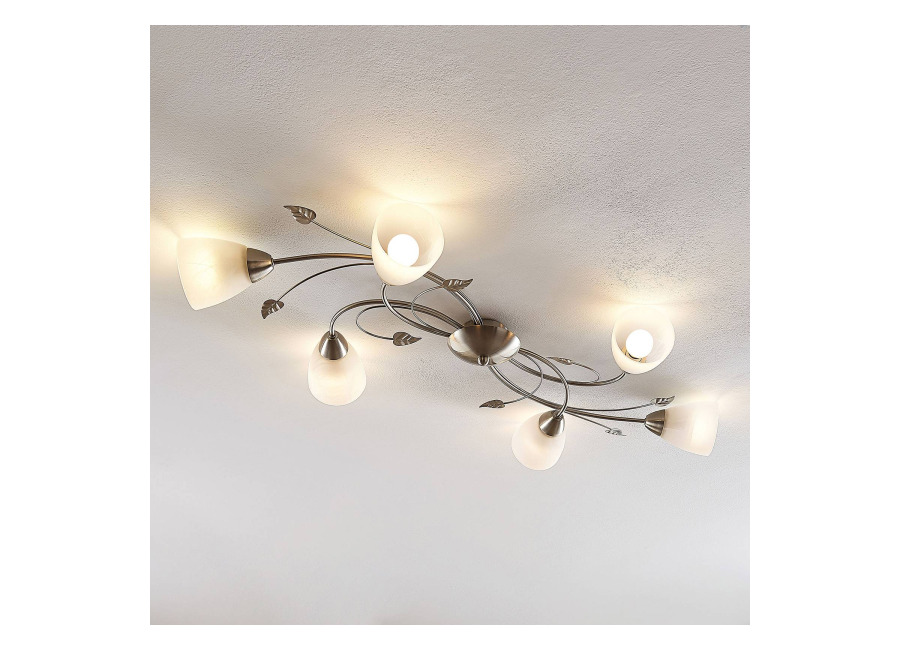 Lindby Lámpara de techo Lindby Yannie, 6 luces, 106 cm, níquel/blanco, crista