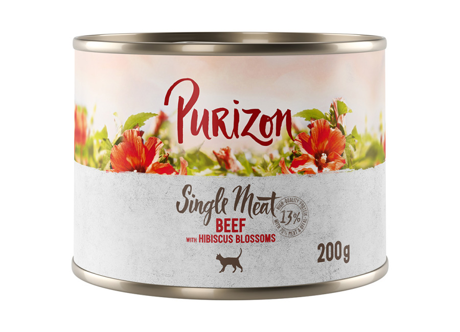 Purizon Single Meat comida húmeda para gatos 24 x 200 g – Pack Ahorro – Vacuno con flores de hibisco