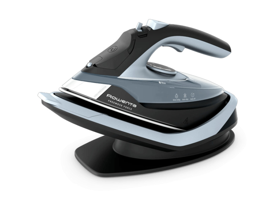 rowenta freemove force de rowenta, plancha de vapor sin cable, 2600 w, golpe de vapor 220 g/min, azul claro y negro