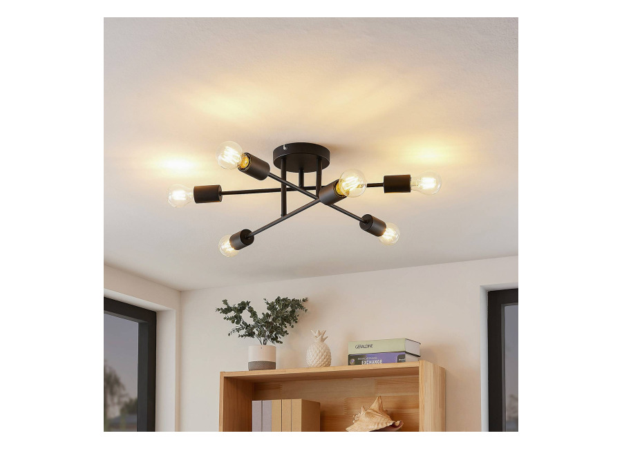 Lindby Plafón Lindby Estar, negro, de metal, 6 luces, Ø 56 c