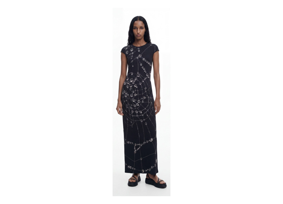 desigual, vestido midi entramado tyler mcgillivary, viscosa, negro