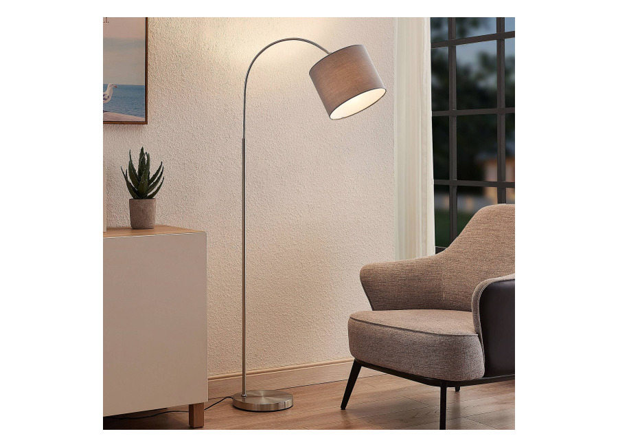 Lindby Lámpara de pie Lindby Keriba, níquel/gris, tela, 150 cm, E27