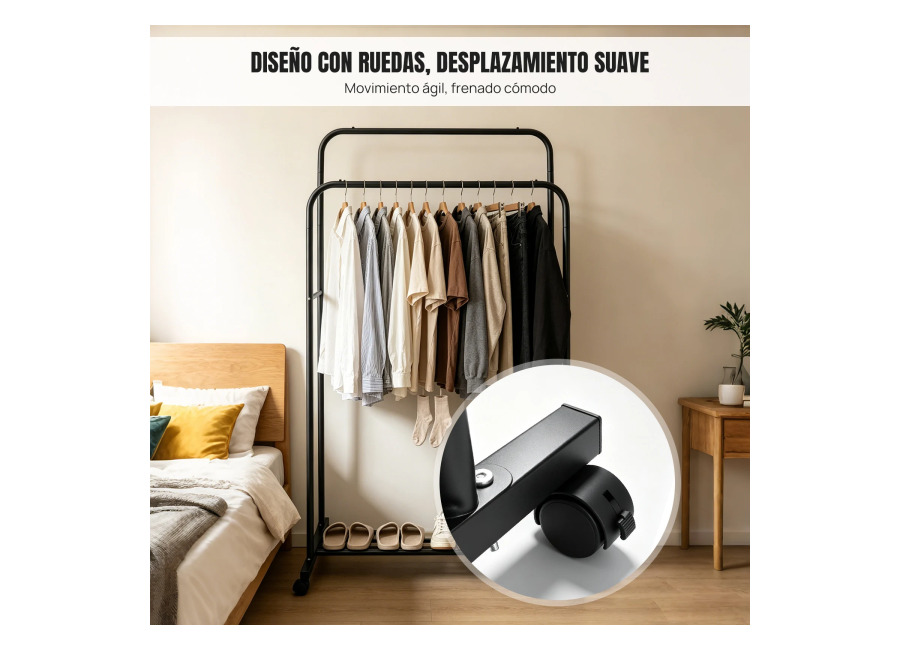 Perchero Doble con Ruedas y Estante Inferior, Soporte Rodante Resistente para Ropa, Perchero Móvil para Dormitorio/Lavandería…