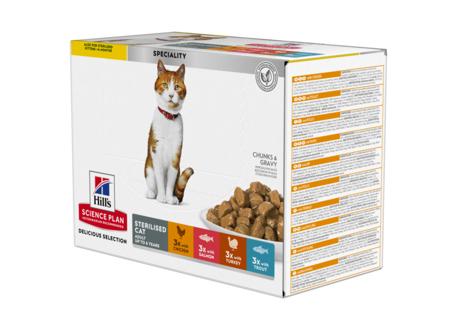 Hill’s Science Plan 48 x 85 g en bolsitas para gatos – Pack Ahorro – Young Adult Sterilised Pollo, salmón, pavo y trucha