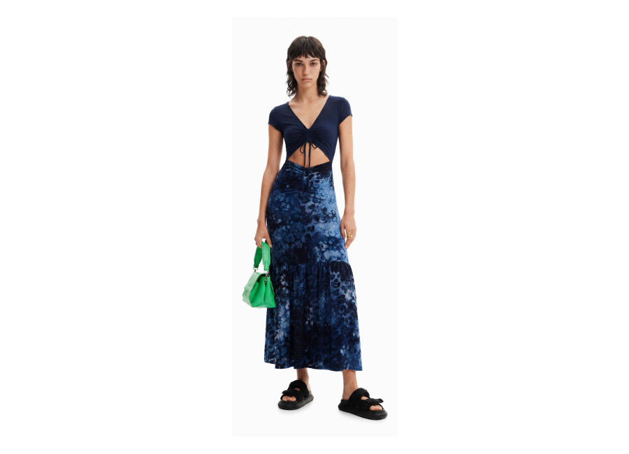 desigual, vestido largo combinado textura animal print, azul