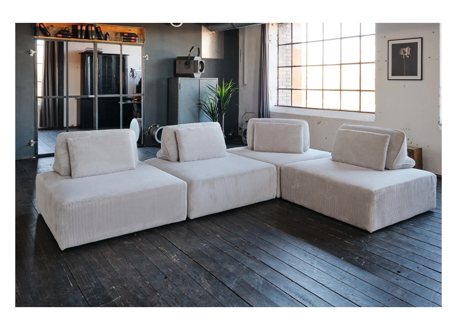 Kawola Sofá modular KAWOLA WIOLO SOFT, 4 módulos, 4 cojines respaldo, Pana gris claro