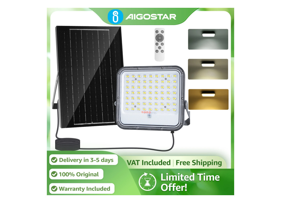 Aigostar Foco Solar Ajustable 8000mAh Gran Panel | 3 Colores + Función Crepuscular IP66 | para…