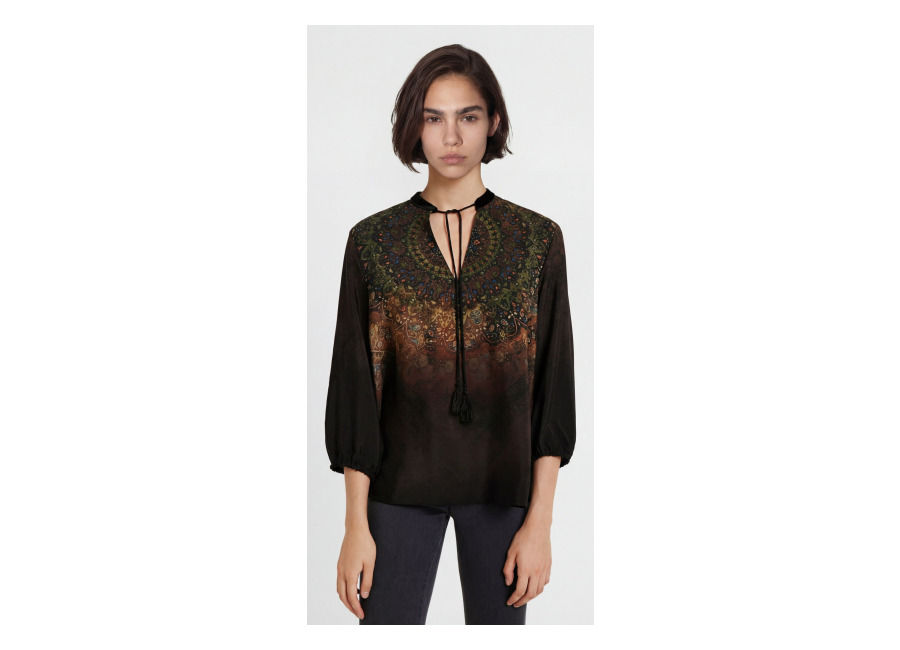 desigual, blusa estampada manga 3/4, viscosa, negro