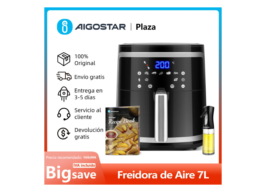Freidora de Aire sin Aceite 7L, Pantalla LED Táctil, 8 Funciones, Cesta Antiadherente Extraíble, Libro de…
