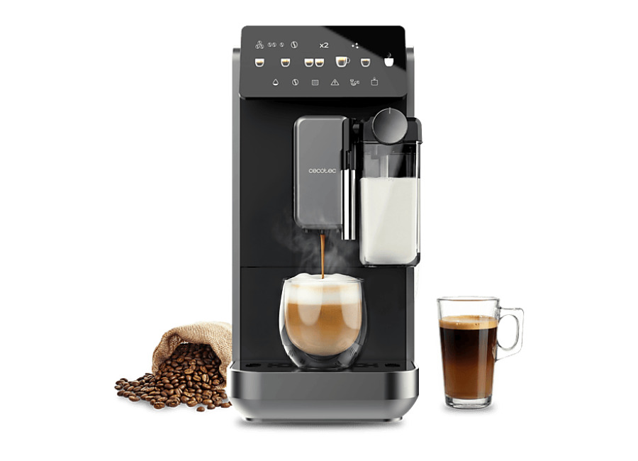 Cecotec Cafetera superautomática – Cecotec Cremmaet Lungo Latte, Depósito de leche, 19 bares, 7 bebidas, Molinillo Acero inoxidable, depósito 2 L, Neg