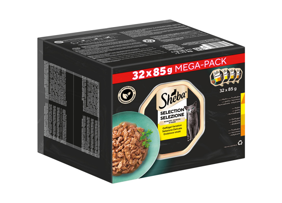 Sheba Multireceta en tarrinas para gatos 64 x 85 g – Pack Ahorro – Selección de aves en salsa