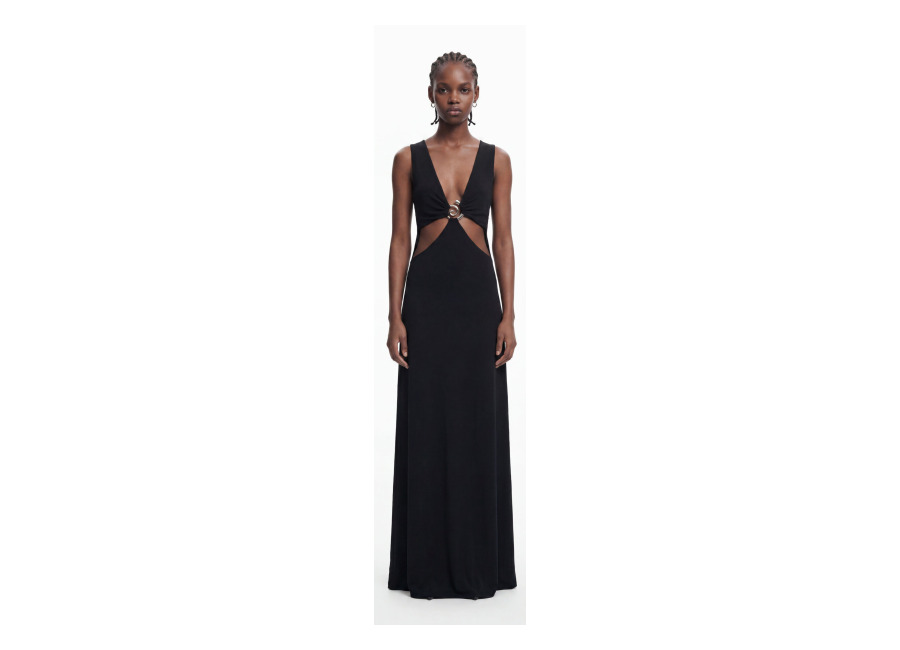 Desigual, Vestido largo aplique metálico, Viscosa, Negro