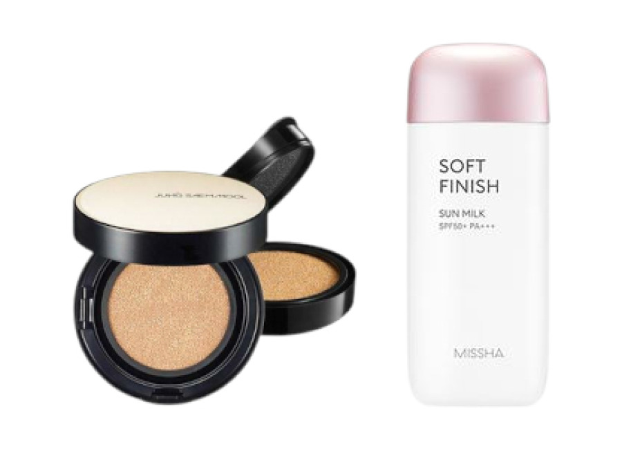 Juego All-in-One Sets MISSHA – All-Around Safe Block Soft Finish Sun Milk SPF50+ PA+++ – 70ml X Jung Saem Mool – Essential Skin Nuder Long Wear…