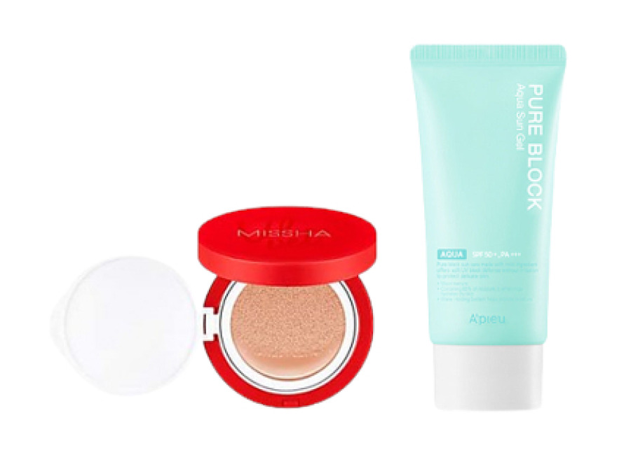 a’pieu – pure block aqua sun gel spf50+ pa+++ x x missha – velvet finish cushion spf50+ pa+++ – 15g
