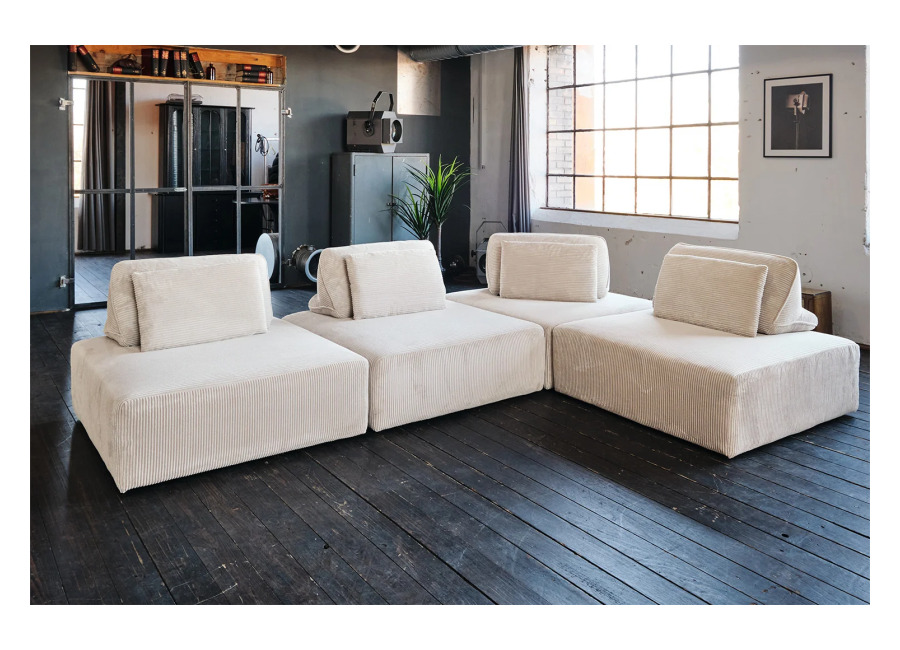 Kawola Sofá modular KAWOLA WIOLO SOFT, 4 módulos, 4 cojines respaldo, Pana blanco crema