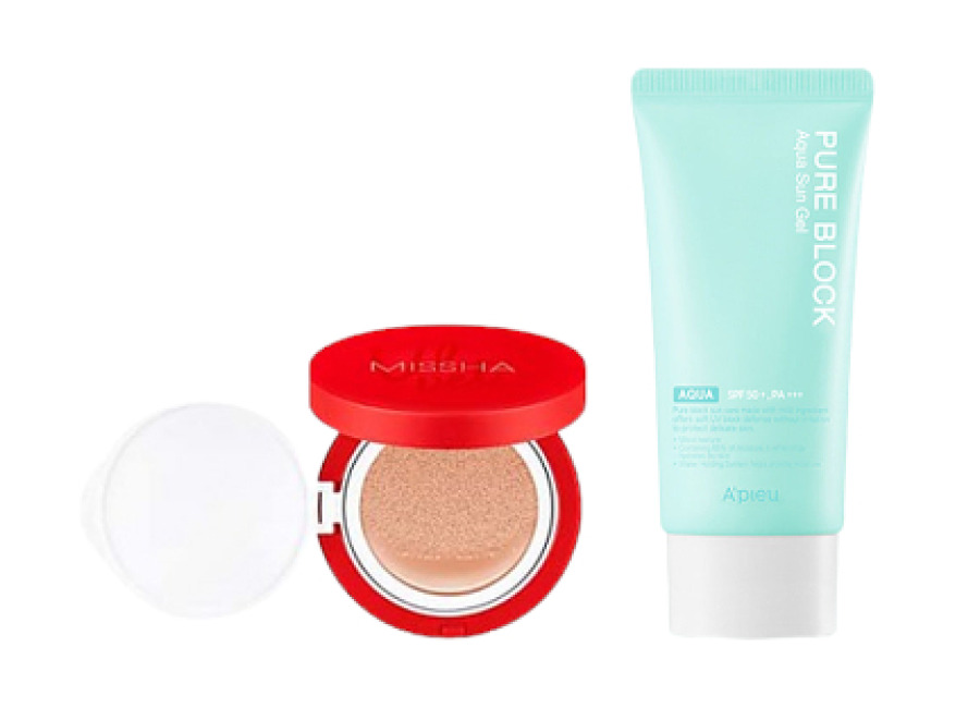 a’pieu – pure block aqua sun gel spf50+ pa+++ x missha – velvet finish cushion spf50+ pa+++ – 15g