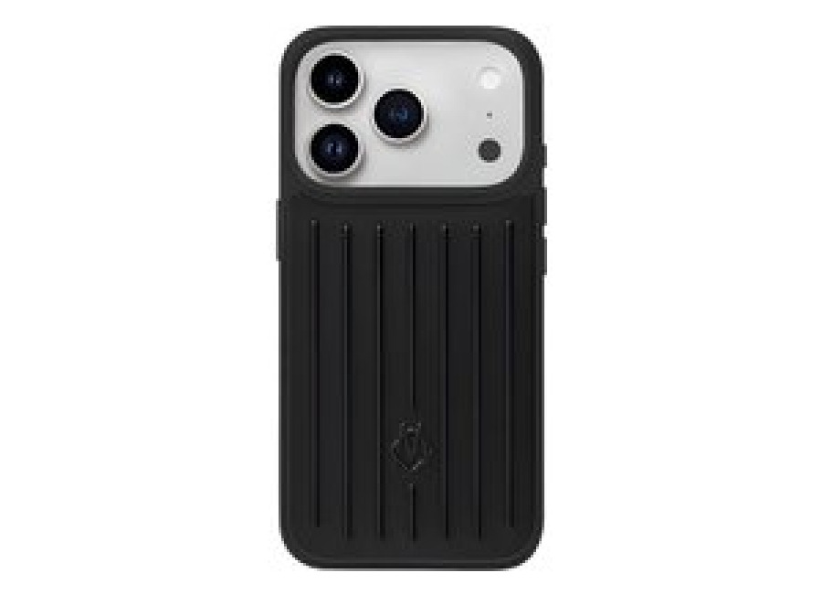 Funda para iPhone 17 / 17 Pro / 17 Pro Max, estilo maleta en color negro con diseño de ranuras, fabricada en PC blando (policarbonato flexible), resistente a caídas y golpes