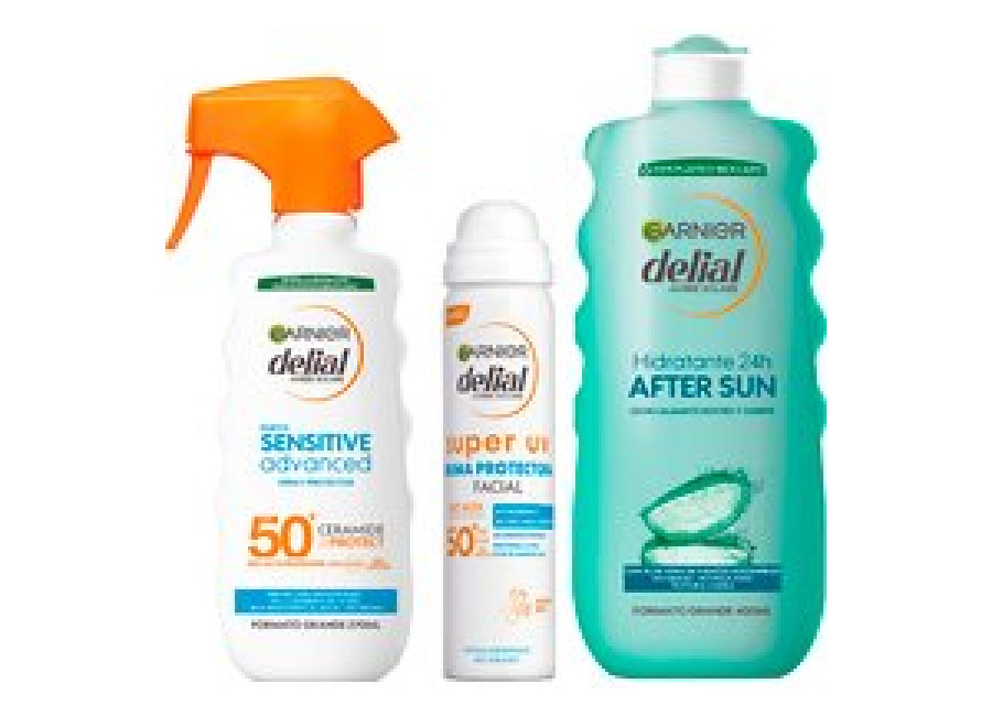 GARNIER | Delial Spray Protector Sensitive Advanced Adultos crema solar para pieles claras, sensibles e intolerantes al sol IP50+ +SUPER UV FPS50+ Bruma Protectora Facial + After Sun Leche Calmante Rostro y Cuerpo Con Aloe Vera – 270+75+400ML