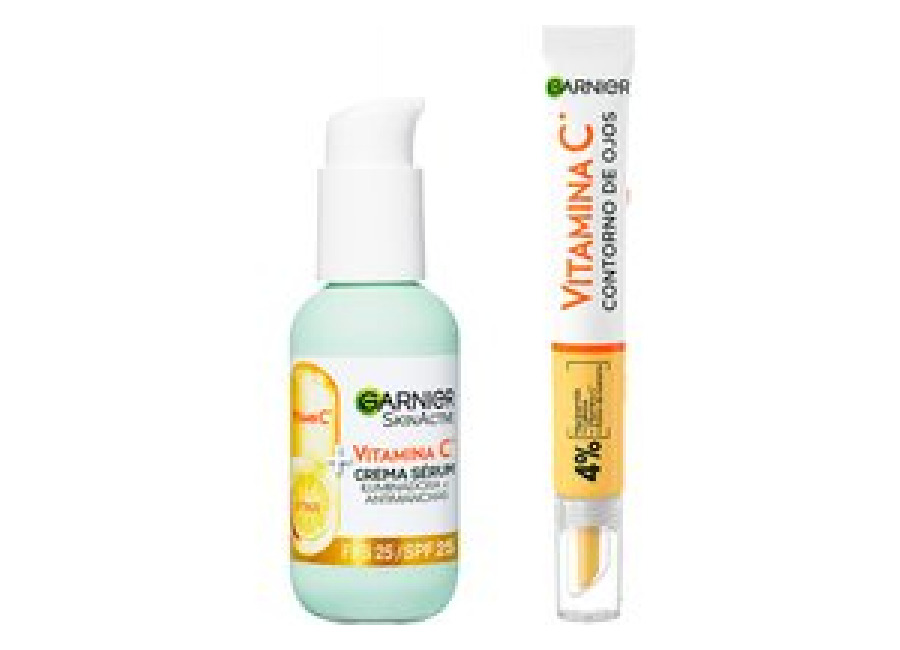 Garnier | Pack Vitamina C con Crema Sérum con SPF 25. Alta Concentración de sérum con Vitamina C y Protección Solar para Proteger la Piel de las Manchas del Sol 50ml + Contorno de Ojos con Vitamina C + Niacinamida + Cafeína + Polvo de Banana 15ml