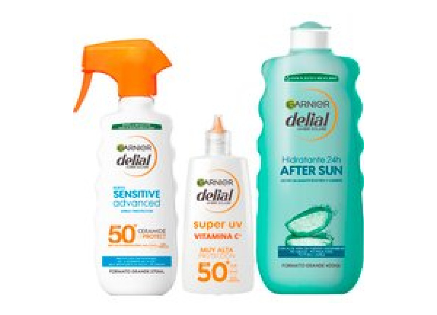 GARNIER | Delial Spray Protector Sensitive Advanced Adultos crema solar para pieles claras e intolerantes al sol IP50+. After Sun Leche Calmante Rostro y Cuerpo Con Aloe Vera + SUPER UV Vitamina C FPS50+ Crema Fluida Diaria Anti-Manchas – 270+400+40ml ML