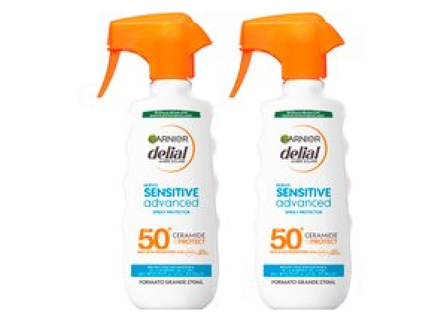 GARNIER | Delial Spray Protector Sensitive Advanced Adultos crema solar para pieles claras, sensibles e intolerantes al sol IP50+. Muy resistente al agua, 0% graso, 0% pegajoso – Pack ahorro