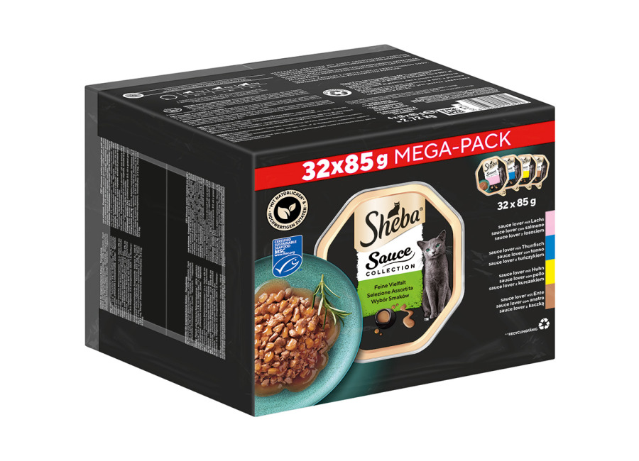 Sheba Multirreceta 96 x 85 g en sobres o tarrinas comida húmeda para gatos – Sauce Lover (salmón, atún, pollo, pato)