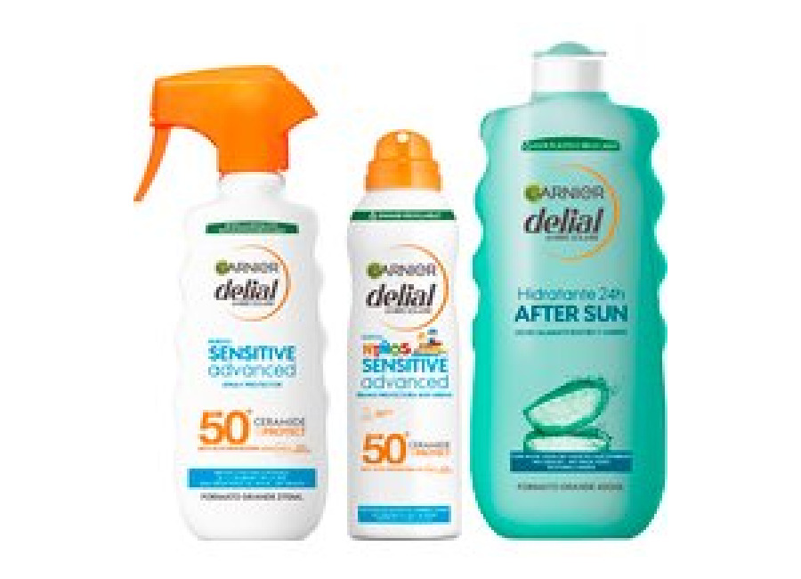 GARNIER | Delial Spray Protector Sensitive Advanced Adultos crema solar para pieles claras, sensibles e intolerantes al sol IP50+ + Bruma Protectora Anti Arena para pieles sensibles. Muy resistentes al agua + After Sun Leche Cara y Cuerpo – 270+150+400ML