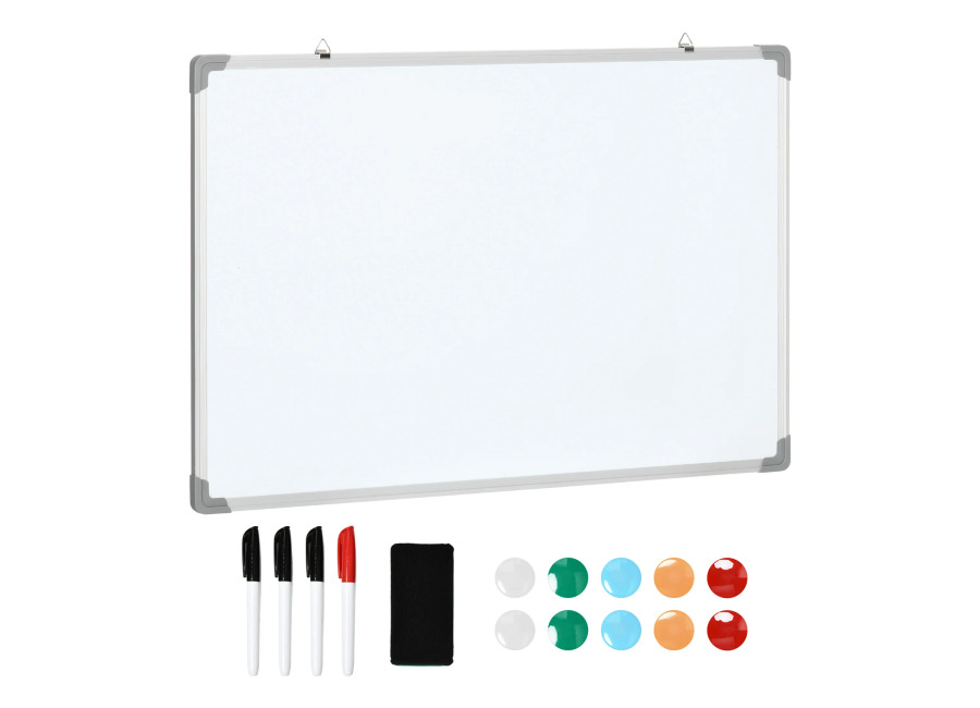 HOMCOM Pizarra magnética blanca con marco de aluminio 90×60 cm con rotuladores, borrador e imanes