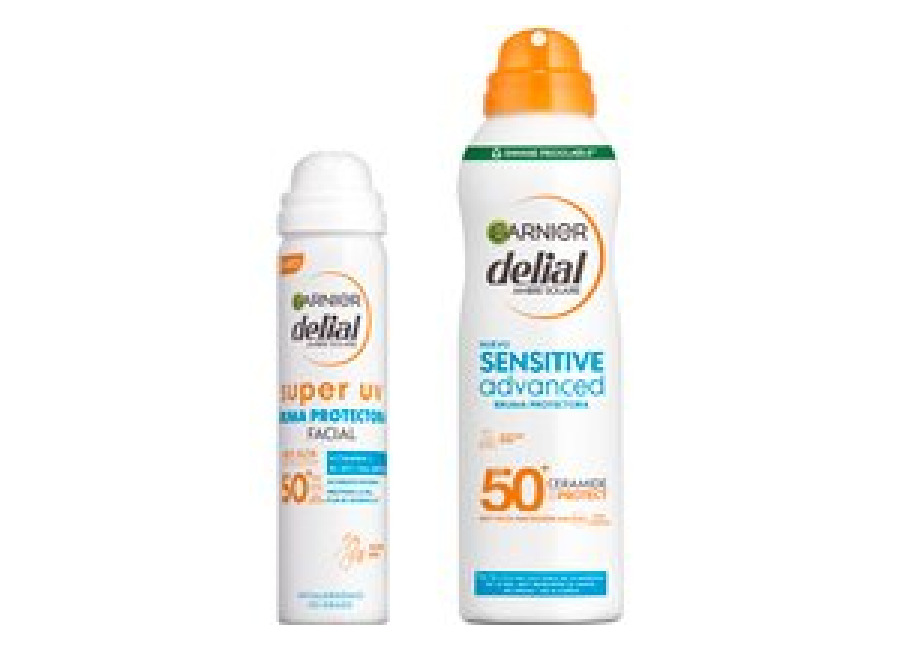 GARNIER | Delial Pack Sensitive Advanced Bruma Protectora Solar para pieles claras, sensibles e intolerantes al sol IP50+. Muy resistente al agua, 0% pegajoso, 0% graso + SUPER UV FPS50+ Bruma Protectora Facial con Textura Invisible – 75+150 ml