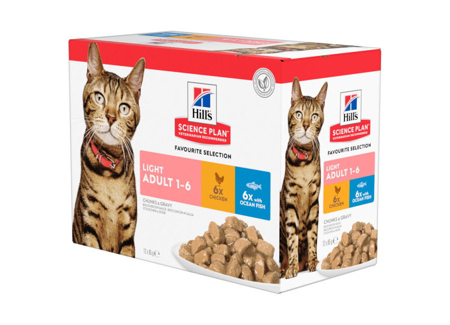 48 sobres x 85 g Hill’s Science Plan Light Adult Pescado Azul y Pollo en Salsa sobre para gatos ¡Pack ahorro!