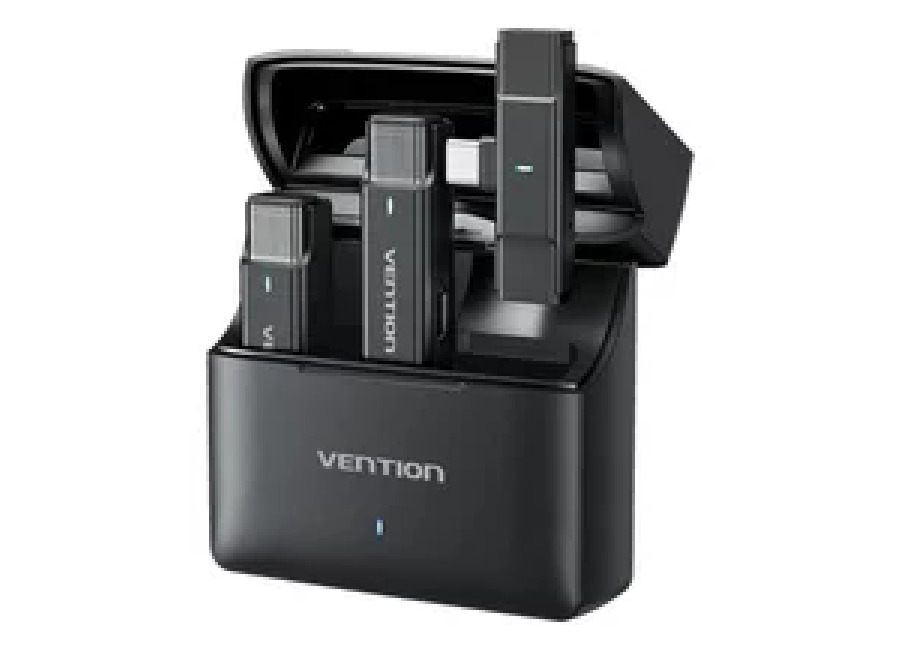 Combo Micrófono Inalámbrico USB C USB-C Tipo C Vention (2TX+1RX) para Cámara, iPhone, Android, PC, 300m, 48kHz/24 bit, Hi-Fi Audio, Reducción de Ruido, 30 Horas, Microfono de Solapa para Grabar Vídeo, Live Streaming, Vlog, Podcast, ASMR, TikTok – Negro