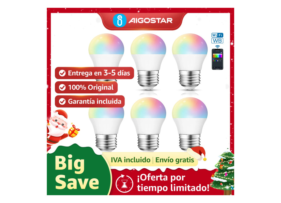 Aigostar 6 Pack Bombillas Inteligentes Wi-Fi G45 E27 6.5W RGBCW, compatibles con Alexa/Google Home. Sin Hub…