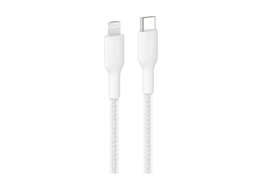 Cable USB-C a Lightning – Belkin CAA022, 1 m, Compatible con iPhone 14 y anteriores, USB-C® conector Lightning, Trenzado, Blanco