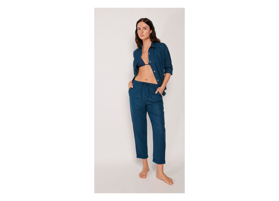 Calzedonia Pantalón Largo Recto Lino y Viscosa Mujer Azu