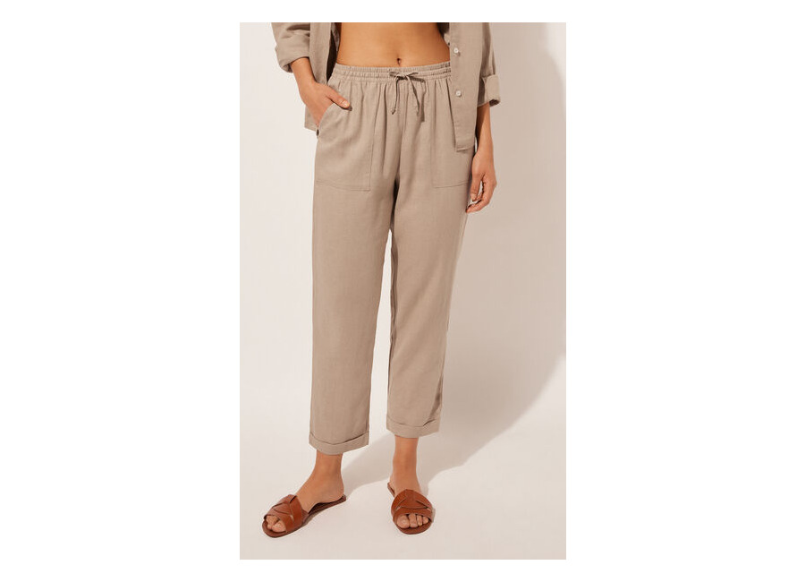 Calzedonia Pantalón Largo Recto Lino y Viscosa Mujer Natura