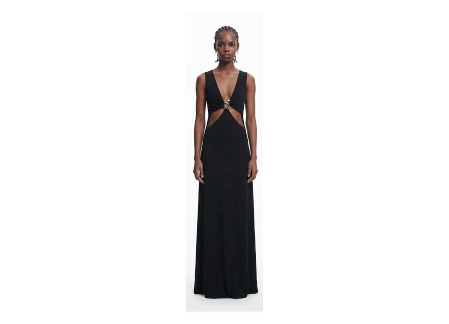 Desigual, Vestido largo aplique metálico, Viscosa, Negro
