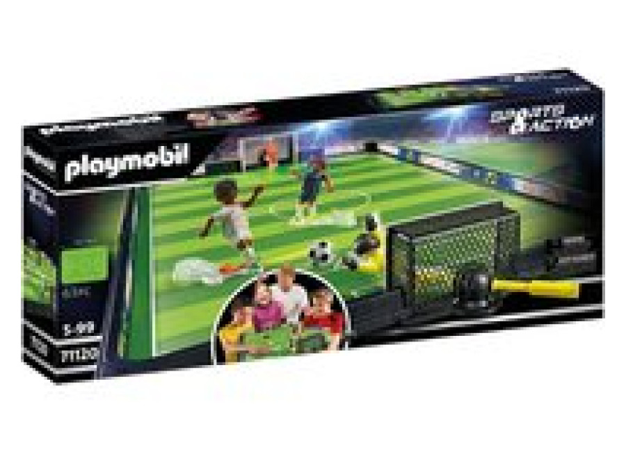 PLAYMOBIL Sports y Action 71120 Campo de fútbol, Futbolín para niños, 2 porteros, 2 futbolistas con función de Patada, 3 balones de futbolín, Juguetes para niños a Partir de 5 años