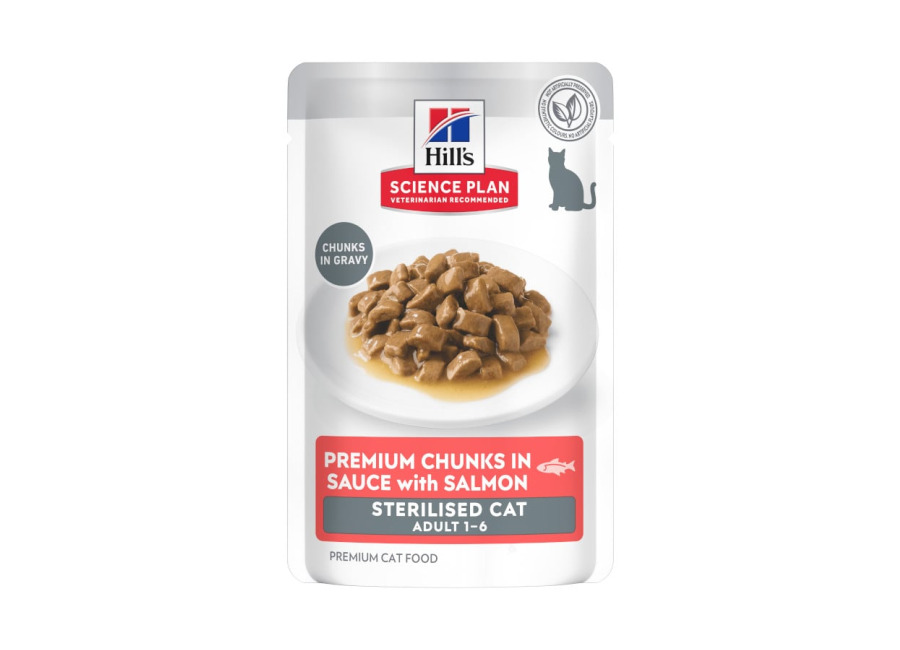48 sobres x 85 g Hill’s Science Plan Sterilized Young Adult Salmón sobre para gatos ¡Pack ahorro!