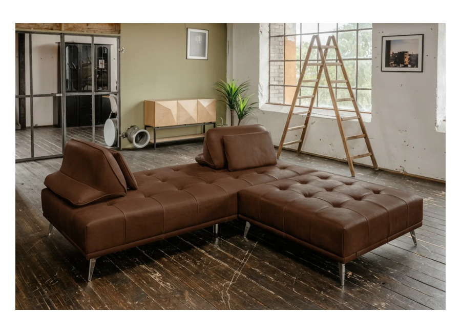 Sofá KAWOLA WIOLO, sofá diván tipo daybed con Puf, en piel marrón oscuro