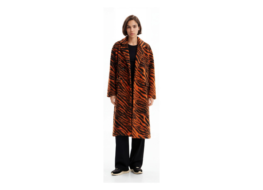 Desigual, Abrigo largo lana estampado tigre, Naranja
