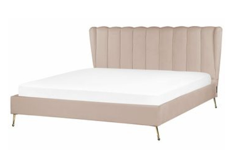 Cama Con Somier De Terciopelo Gris Pardo Dorado 180 X 200 Cm Metal Usb Cabecero Miribel