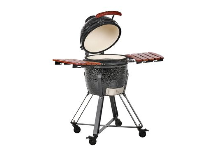 Barbacoa De Carbón Cerámica Con Ruedas Para Exteriores Con Tapa Y Termómetro Parrilla De Cocción Negro Kamado