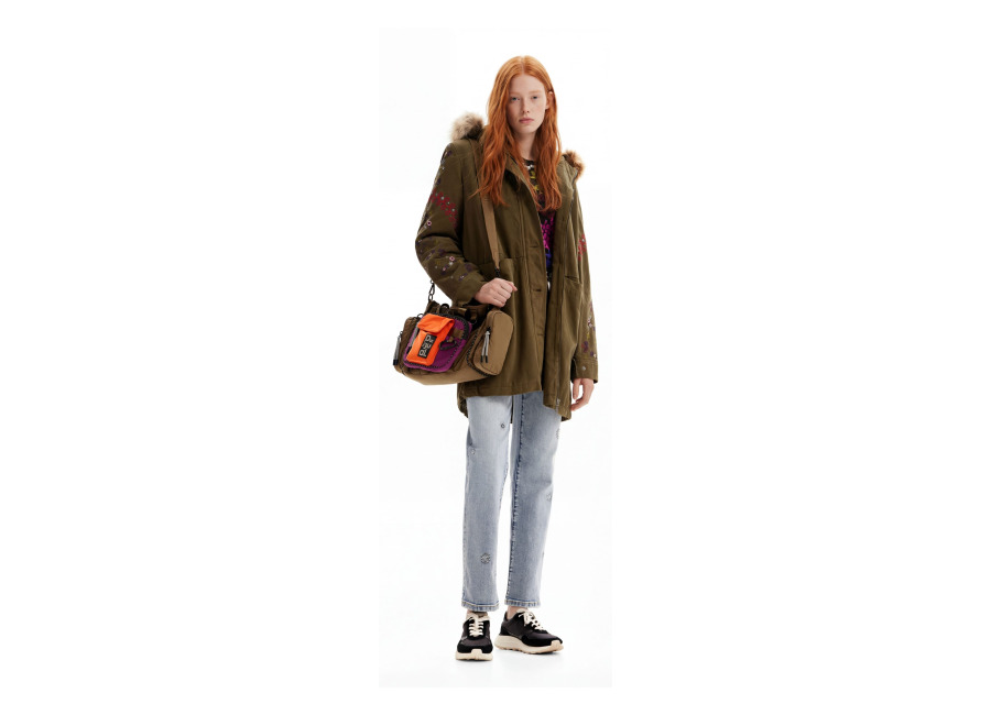 Desigual, Parka capucha bordados, Algodon, Verde