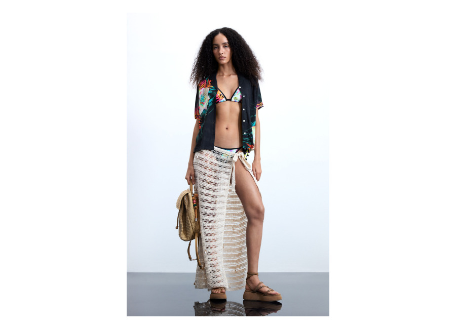 Desigual Pareo calado apliques, Mujer, Algodon, Blanco, U