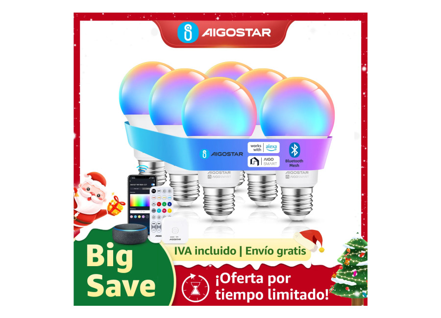 Aigostar Paquete de 6 bombillas LED inteligentes con malla Bluetooth, regulables en blanco y Rgb, funciona…