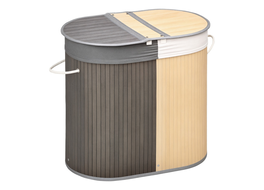 HOMCOM Cesto de Ropa Sucia con Tapa, 100L, Cesta Ropa Sucia de Bambú con 2 Compartimentos, Bolsa Interior Extraíble y Lavable, Asas, para Lavandería, Dormitorio, 62,5x37x60,5 cm, Gris y Natura
