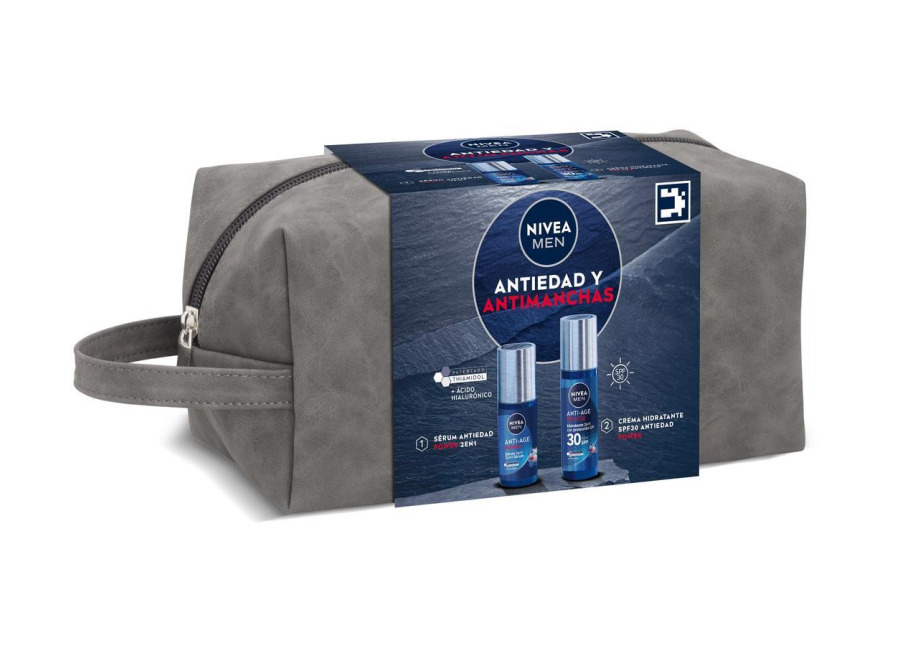 NIVEA MEN POWER rutina diaria – Neceser regalo con Sérum Facial Antiedad y Crema hidratante FP30 – Solución antimanchas y antiedad